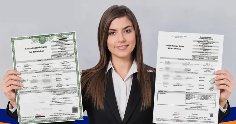Acta de nacimiento original junto a su traducción certificada